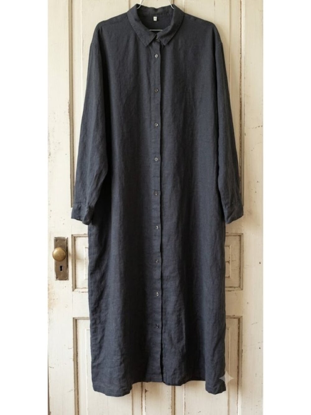 Muji Size XXL 100% Linen Maxi Dress Long Navy Blue Pockets Button Minimalist
